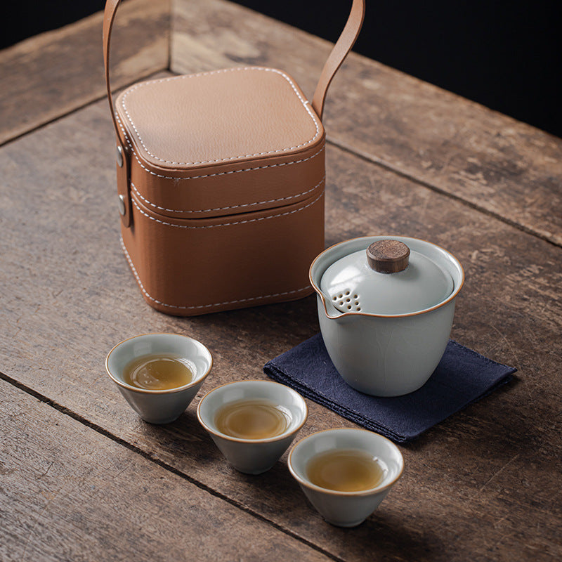 Ru Kiln Travel Tea Set - Outdoor Portable One Pot Three Cups Kung Fu Tea Maker Cup - Complete Handheld Gift Boutique