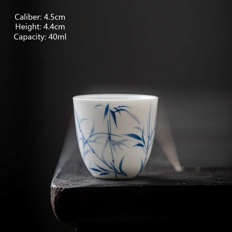 Jade mud white porcelain, hand-painted blue and white bamboo, underglaze colored ceramics, tea cup, Chinese style, Kung Fu tea set, tea tasting cup, single cup