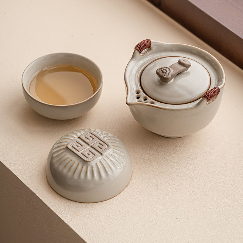 Mihuang Ru Kiln Travel Tea Set - Portable Outdoor Camping Ceramic Quick Guest Cup - One Pot and Two Cups