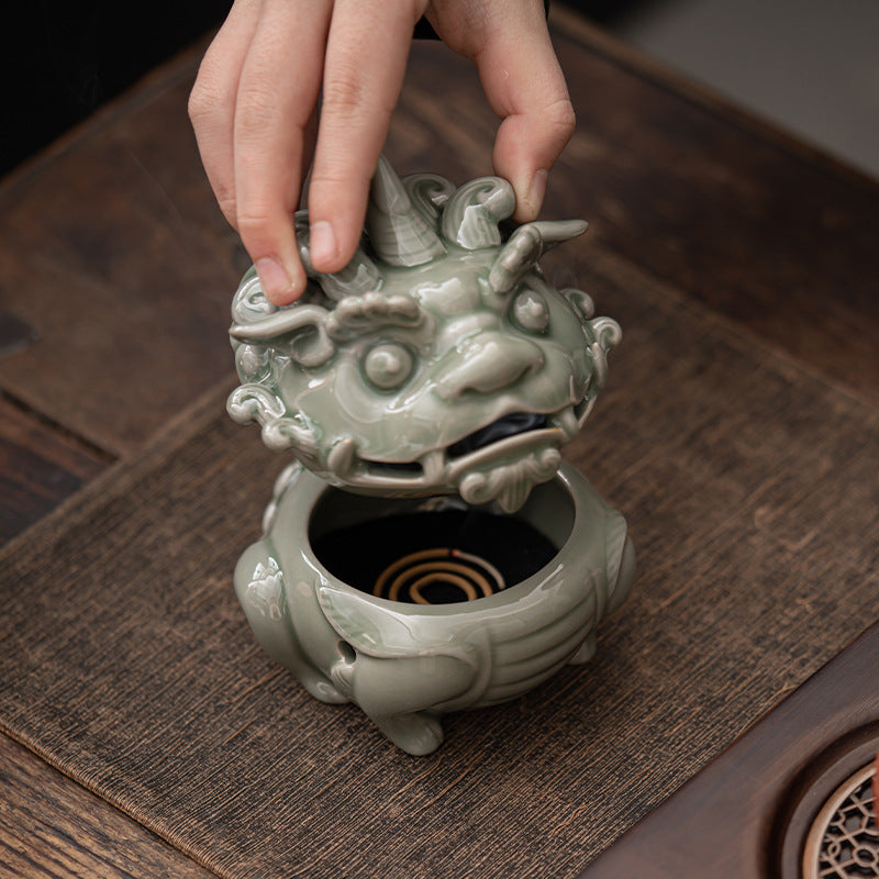 Yue Kiln Unicorn Celadon Ceramic Plate Incense Burner - Reverse Flow Incense Burner - Home Incense Road Crafts - Incense Ornament