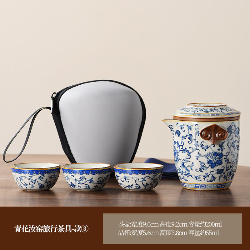 Ancient Blue & Beige Ruyao Travel Tea Set - Portable One Pot with Three Cups, Outdoor Ceramic Teapot with Intertwining Lotus Design