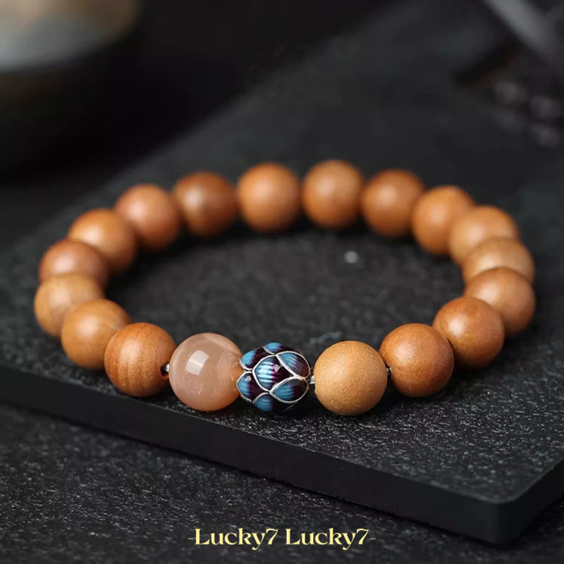 Natural Peach Wood Cloisonné Lotus Good Fortune Bracelet – A Symbol of Blessings and Fulfillment