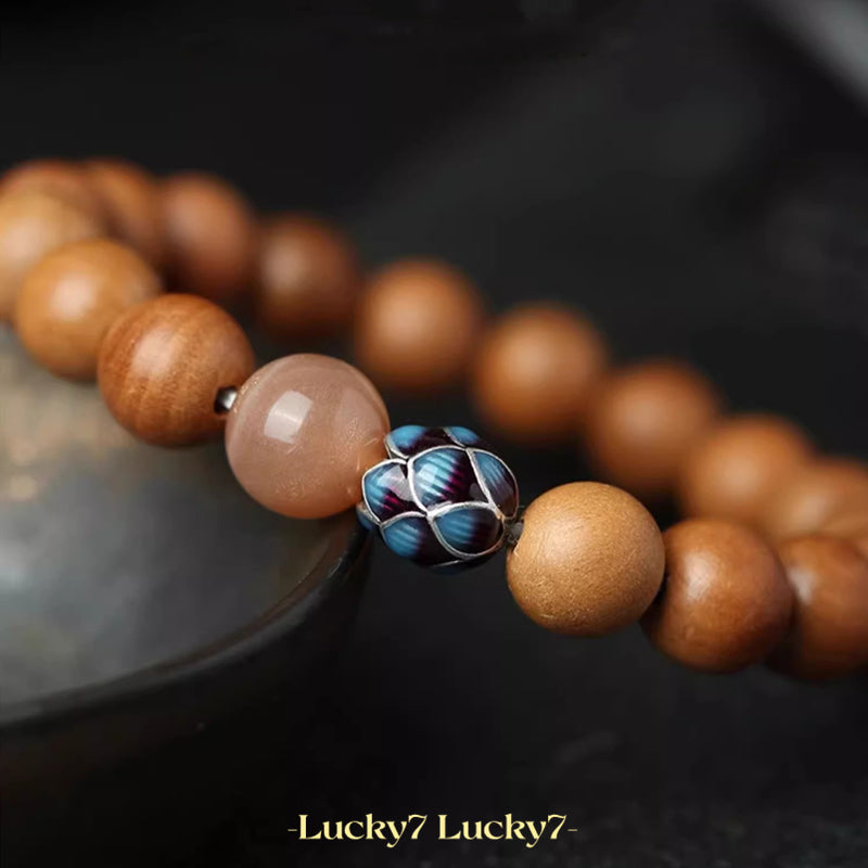 Natural Peach Wood Cloisonné Lotus Good Fortune Bracelet – A Symbol of Blessings and Fulfillment