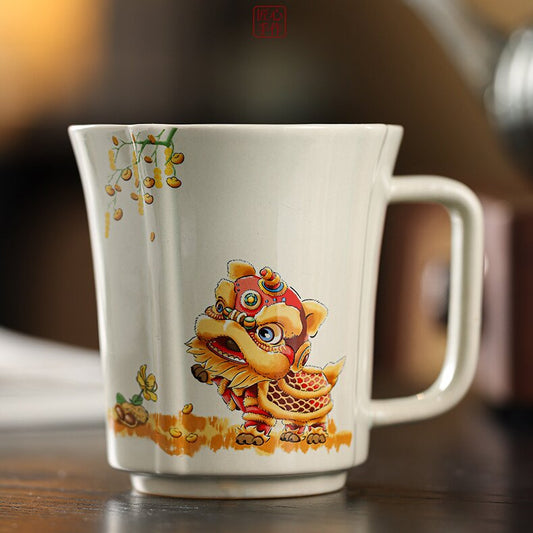 Grass Gray Ru Kiln Song Lan Cup, Festive Lion, Coffee Mug, Gift Box, Porcelain, Master's Cup, Chinese style