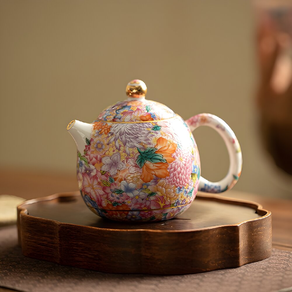 Enamel Flower Dragon Egg Ceramic Teapot - Flowers Never Fall to the Ground Design - Kung Fu Tea Set Single Pot for Home Use