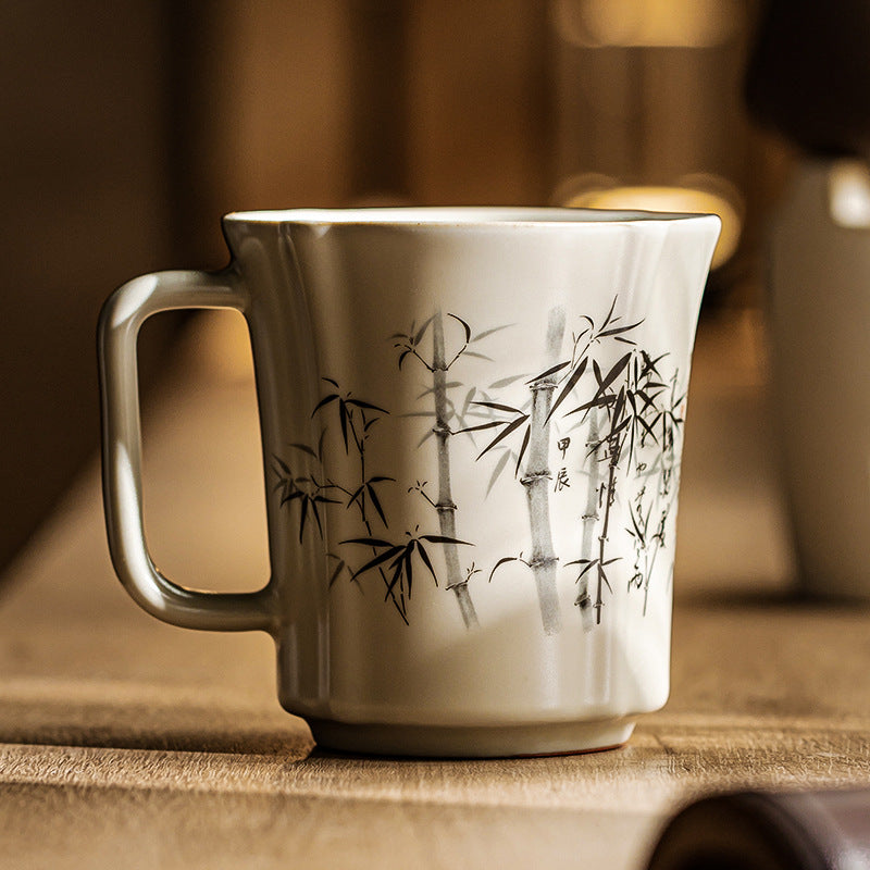 Beige Ru Kiln Song Lan Cup, Black Bamboo, Coffee Mug, Gift Box, Porcelain, Master's Cup, Chinese style