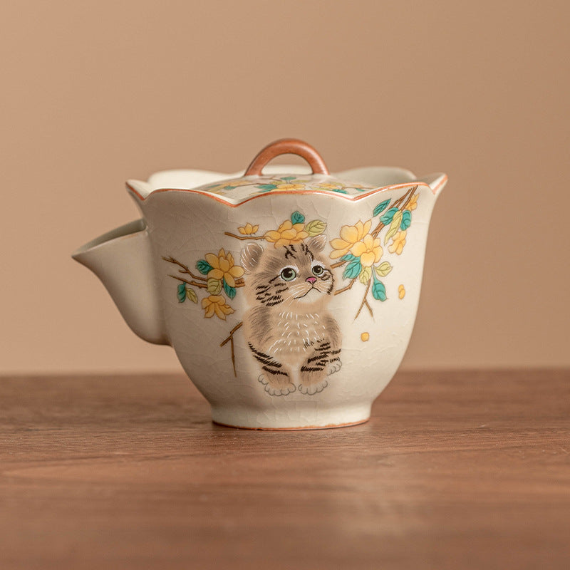 Hand-painted yellow flower cute cat, Ru kiln teapot, single pot, Chinese style high-end Kung Fu tea set, brewing tea, home use, hand-clawed pot