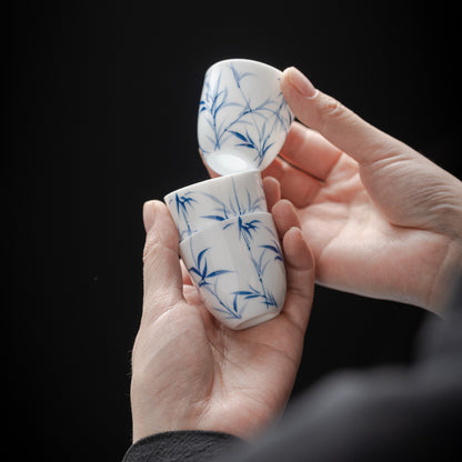 Jade mud white porcelain, hand-painted blue and white bamboo, underglaze colored ceramics, tea cup, Chinese style, Kung Fu tea set, tea tasting cup, single cup