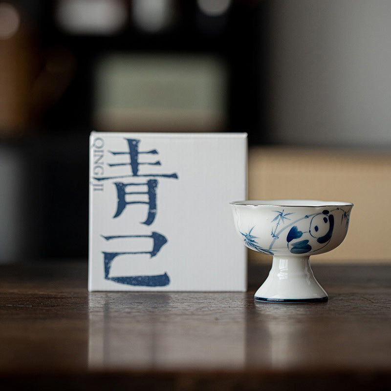 Underglaze Color Imitation Song Dynasty High Foot Master Cup - Household Pure Hand drawn Blue and White Ceramic Tea Cup - Panda Playing with Bamboo - Drinking Tea Cup - Exquisite Tea Set