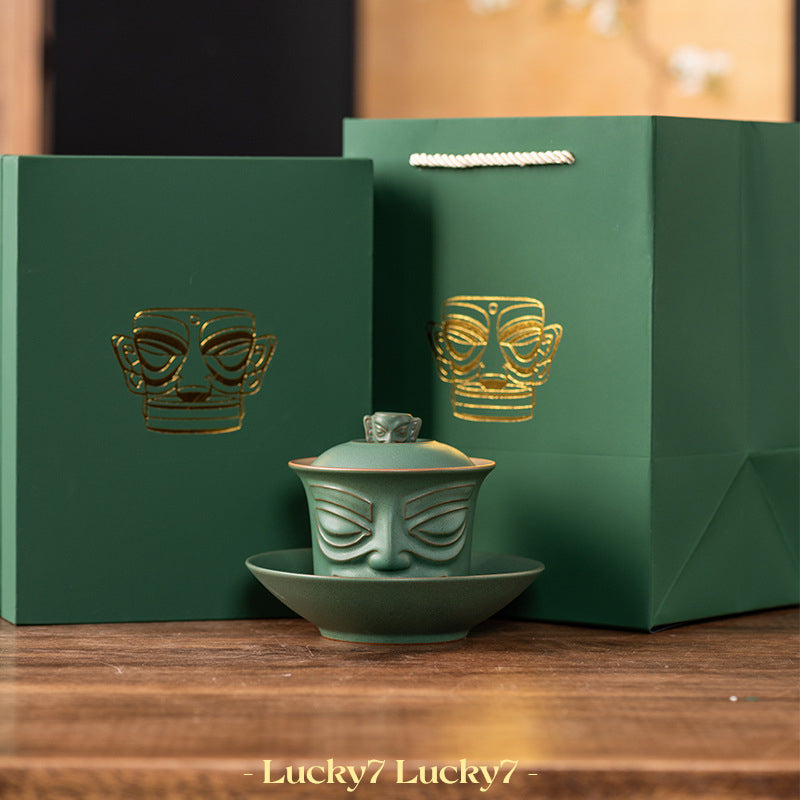 Sanxingdui Bronze Mask Cultural Creative Porcelain GaiWan (Covered Bowl) Gift Box