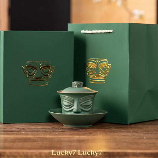 Sanxingdui Bronze Mask Cultural Creative Porcelain GaiWan (Covered Bowl) Gift Box