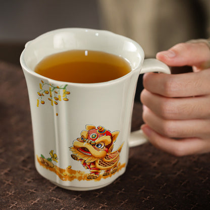 Grass Gray Ru Kiln Song Lan Cup, Festive Lion, Coffee Mug, Gift Box, Porcelain, Master's Cup, Chinese style