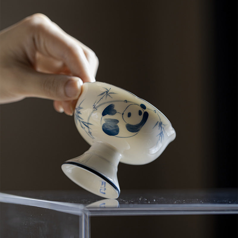 Underglaze Color Imitation Song Dynasty High Foot Master Cup - Household Pure Hand drawn Blue and White Ceramic Tea Cup - Panda Playing with Bamboo - Drinking Tea Cup - Exquisite Tea Set