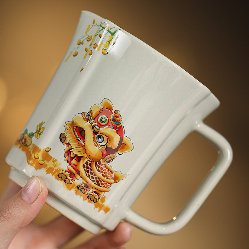 Grass Gray Ru Kiln Song Lan Cup, Festive Lion, Coffee Mug, Gift Box, Porcelain, Master's Cup, Chinese style