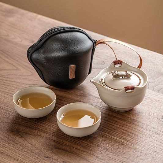 Mihuang Ru Kiln Travel Tea Set - Portable Outdoor Camping Ceramic Quick Guest Cup - One Pot and Two Cups