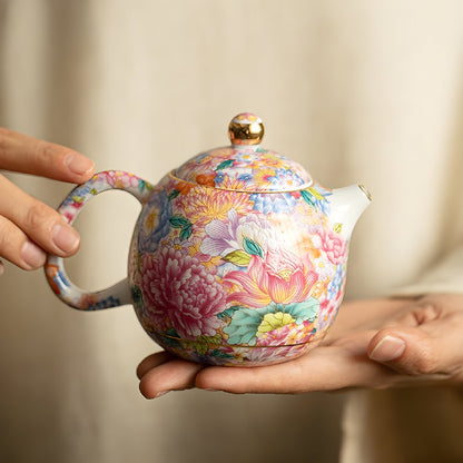 Enamel Flower Dragon Egg Ceramic Teapot - Flowers Never Fall to the Ground Design - Kung Fu Tea Set Single Pot for Home Use