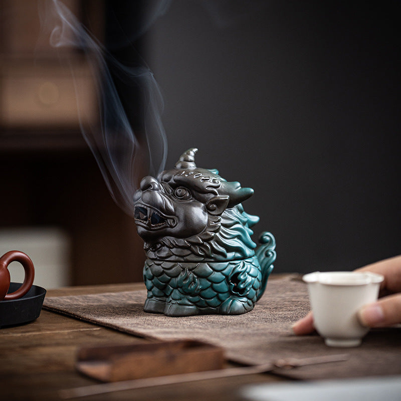 Kirin Wealth God Beast Ceramic Plate Incense Burner - Home Indoor Incense and Tea Ceremony Zen Ornament - Suitable for Agarwood and Sandalwood