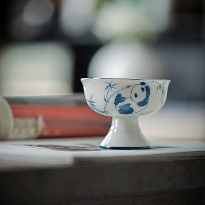 Underglaze Color Imitation Song Dynasty High Foot Master Cup - Household Pure Hand drawn Blue and White Ceramic Tea Cup - Panda Playing with Bamboo - Drinking Tea Cup - Exquisite Tea Set