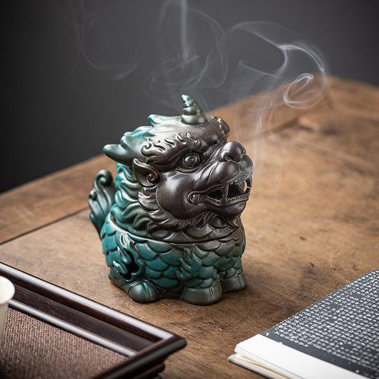 Kirin Wealth God Beast Ceramic Plate Incense Burner - Home Indoor Incense and Tea Ceremony Zen Ornament - Suitable for Agarwood and Sandalwood