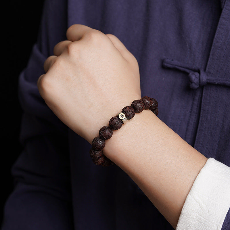 Small leaf rosewood & 925 Silver Six Character Mantra Bracelet - Wooden Buddha Beads - Zodiac Guardian - Feng Shui Transfer