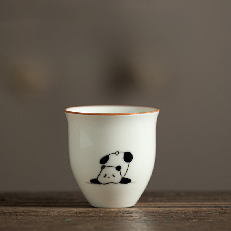 Hand drawn grass ash underglaze color panda pattern ceramic tea cup - Home Kung Fu tea set - Tea tasting cup - High temperature firing - Unique tea set