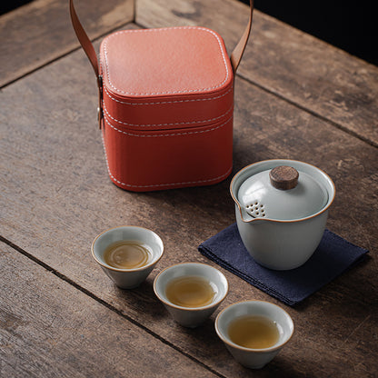 Ru Kiln Travel Tea Set - Outdoor Portable One Pot Three Cups Kung Fu Tea Maker Cup - Complete Handheld Gift Boutique