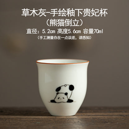 Hand drawn grass ash underglaze color panda pattern ceramic tea cup - Home Kung Fu tea set - Tea tasting cup - High temperature firing - Unique tea set