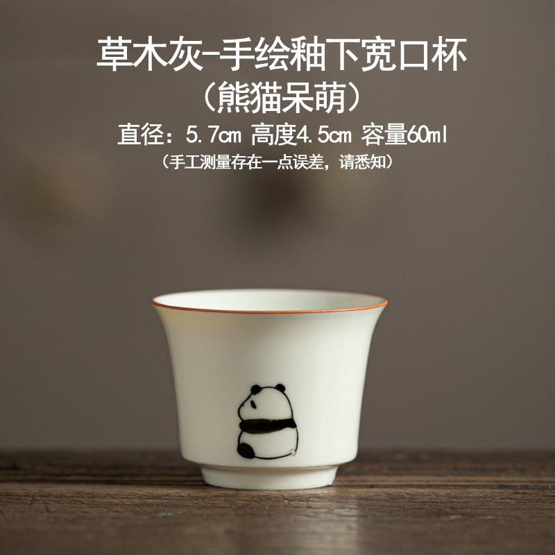 Hand drawn grass ash underglaze color panda pattern ceramic tea cup - Home Kung Fu tea set - Tea tasting cup - High temperature firing - Unique tea set