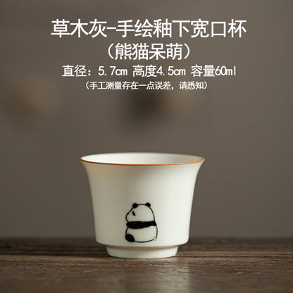 Hand drawn grass ash underglaze color panda pattern ceramic tea cup - Home Kung Fu tea set - Tea tasting cup - High temperature firing - Unique tea set