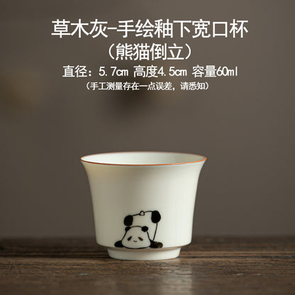 Hand drawn grass ash underglaze color panda pattern ceramic tea cup - Home Kung Fu tea set - Tea tasting cup - High temperature firing - Unique tea set