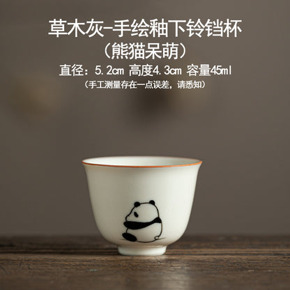 Hand drawn grass ash underglaze color panda pattern ceramic tea cup - Home Kung Fu tea set - Tea tasting cup - High temperature firing - Unique tea set