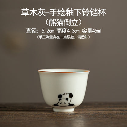 Hand drawn grass ash underglaze color panda pattern ceramic tea cup - Home Kung Fu tea set - Tea tasting cup - High temperature firing - Unique tea set