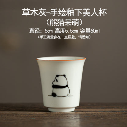 Hand drawn grass ash underglaze color panda pattern ceramic tea cup - Home Kung Fu tea set - Tea tasting cup - High temperature firing - Unique tea set