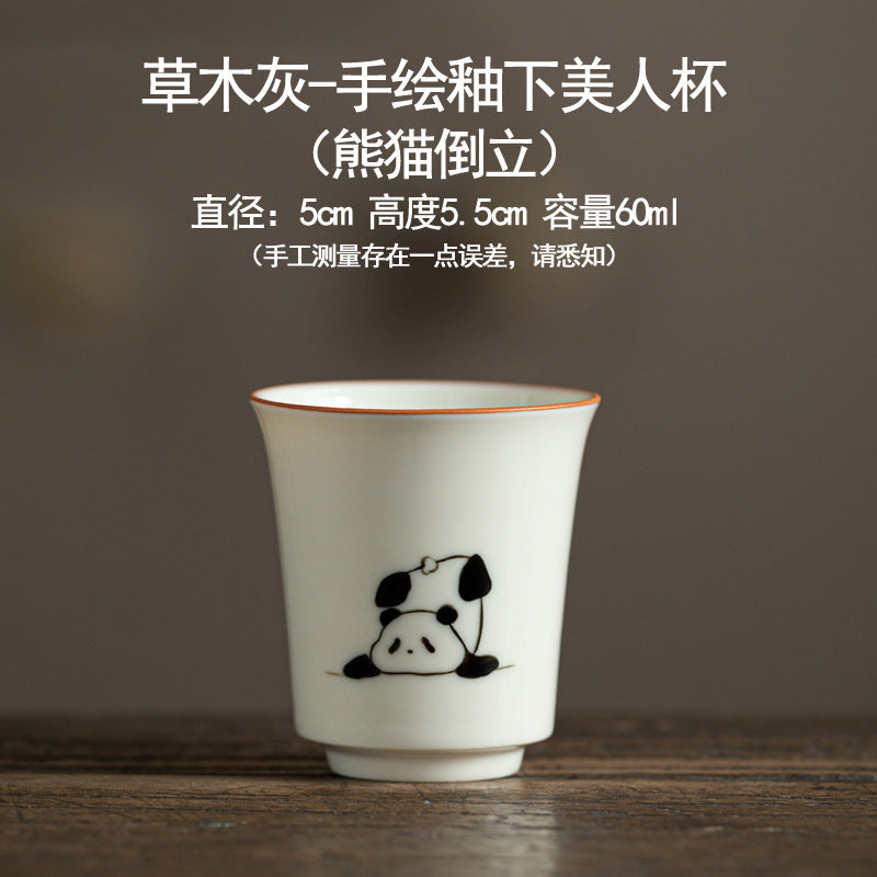 Hand drawn grass ash underglaze color panda pattern ceramic tea cup - Home Kung Fu tea set - Tea tasting cup - High temperature firing - Unique tea set