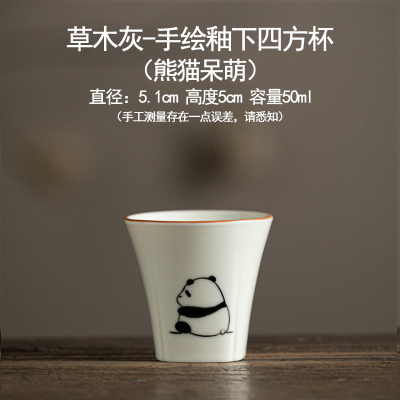 Hand drawn grass ash underglaze color panda pattern ceramic tea cup - Home Kung Fu tea set - Tea tasting cup - High temperature firing - Unique tea set