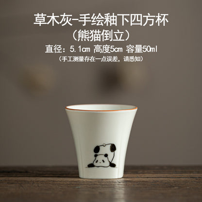 Hand drawn grass ash underglaze color panda pattern ceramic tea cup - Home Kung Fu tea set - Tea tasting cup - High temperature firing - Unique tea set