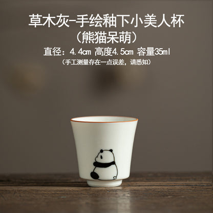 Hand drawn grass ash underglaze color panda pattern ceramic tea cup - Home Kung Fu tea set - Tea tasting cup - High temperature firing - Unique tea set