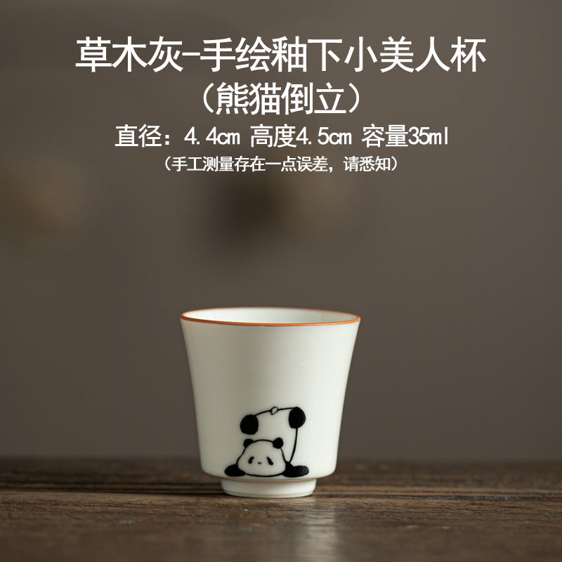 Hand drawn grass ash underglaze color panda pattern ceramic tea cup - Home Kung Fu tea set - Tea tasting cup - High temperature firing - Unique tea set