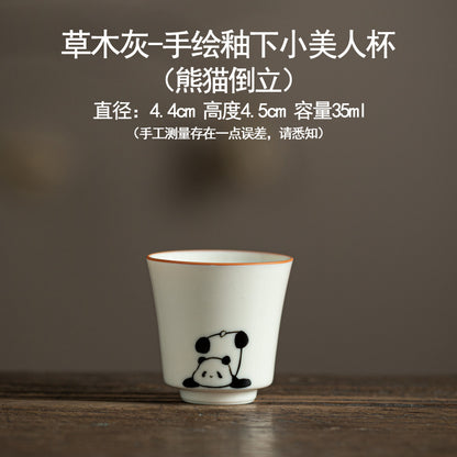 Hand drawn grass ash underglaze color panda pattern ceramic tea cup - Home Kung Fu tea set - Tea tasting cup - High temperature firing - Unique tea set