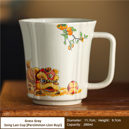 Grass Gray Ru Kiln Song Lan Cup, Festive Lion, Coffee Mug, Gift Box, Porcelain, Master's Cup, Chinese style